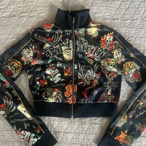 Ed Hardy Black Bomber Jacket with Red, Cream & Yellow Tattoo Prints